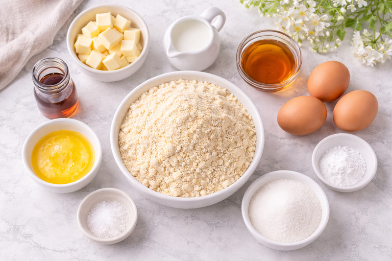 ingredients to make cupcakes in small bowls