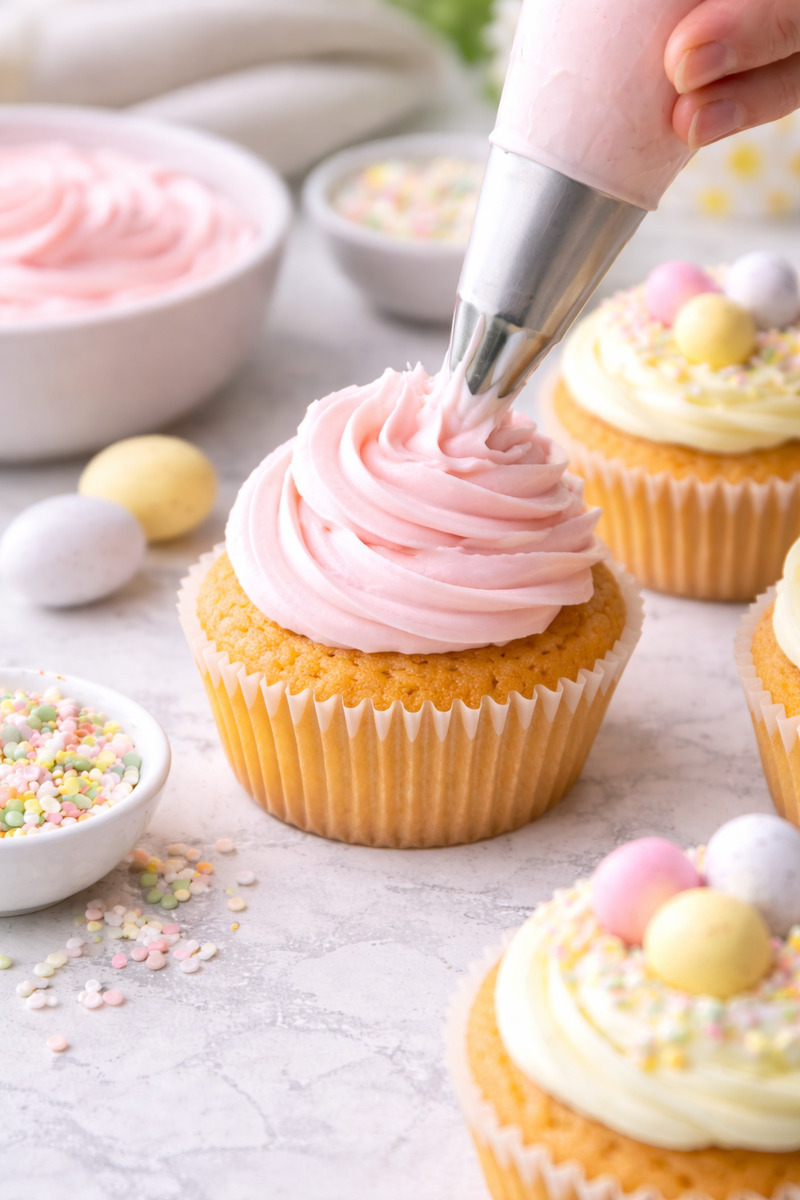 piping frosting onto cupcakes