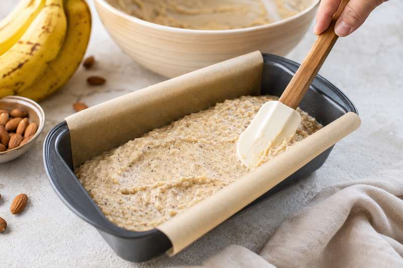 spreading almond flour banana bread batter in a pan
