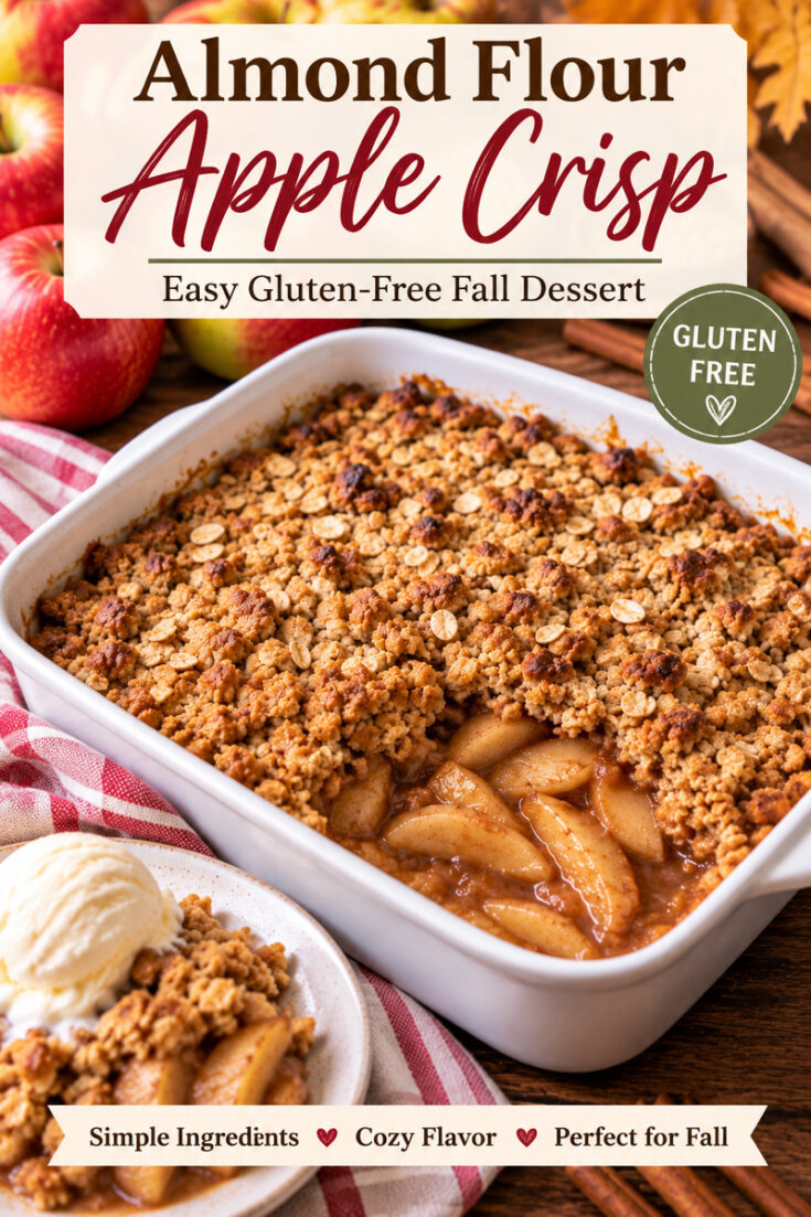 Make this easy almond flour apple crisp with tender cinnamon apples and a buttery oat crumble topping. This simple gluten-free fall dessert is perfect for apple season, family dinners, Thanksgiving, or anytime you’re craving a cozy apple dessert. Save this easy apple crisp recipe for your fall baking!